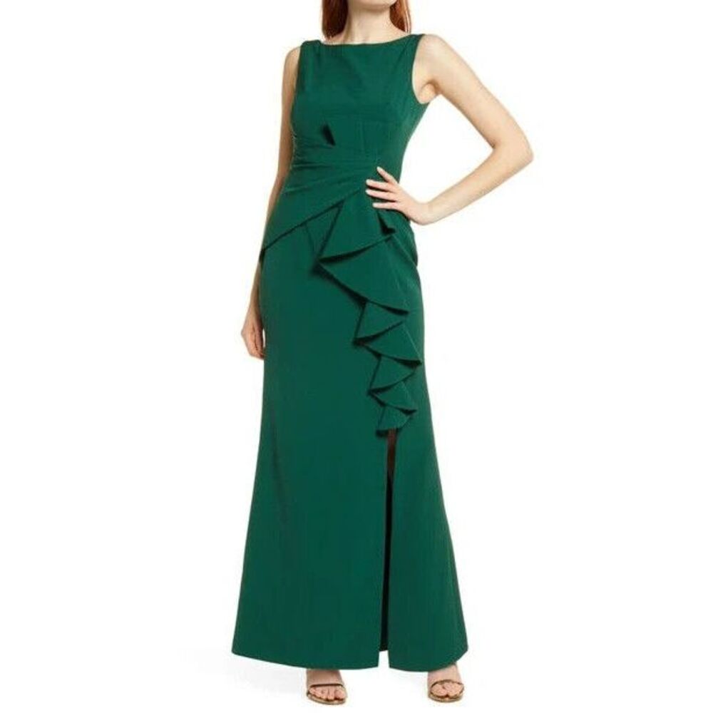 ELIZA J Women's Sleeveless Cascading-ruffle Gown In Hunter Size 2